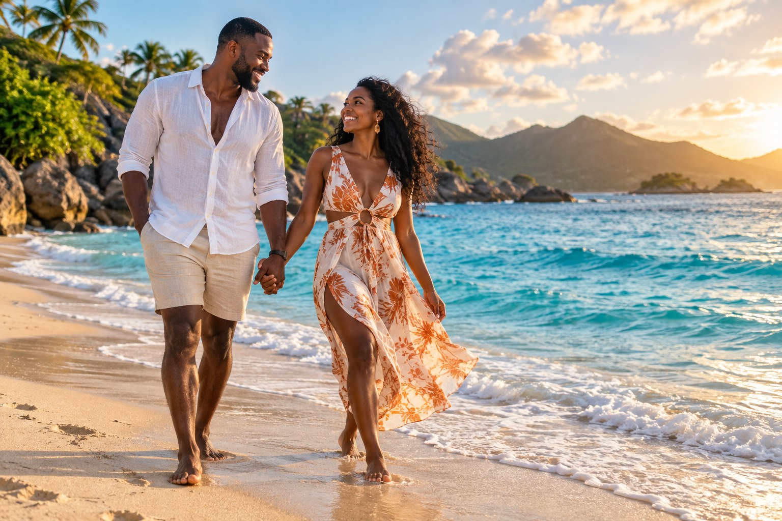 A couple sharing a relaxed walk along a tropical beach on vacation