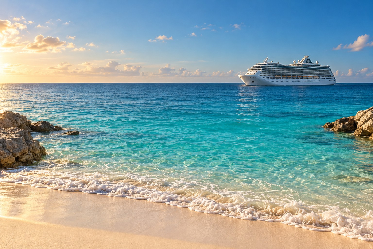 A cruise ship sailing beside a tropical shoreline