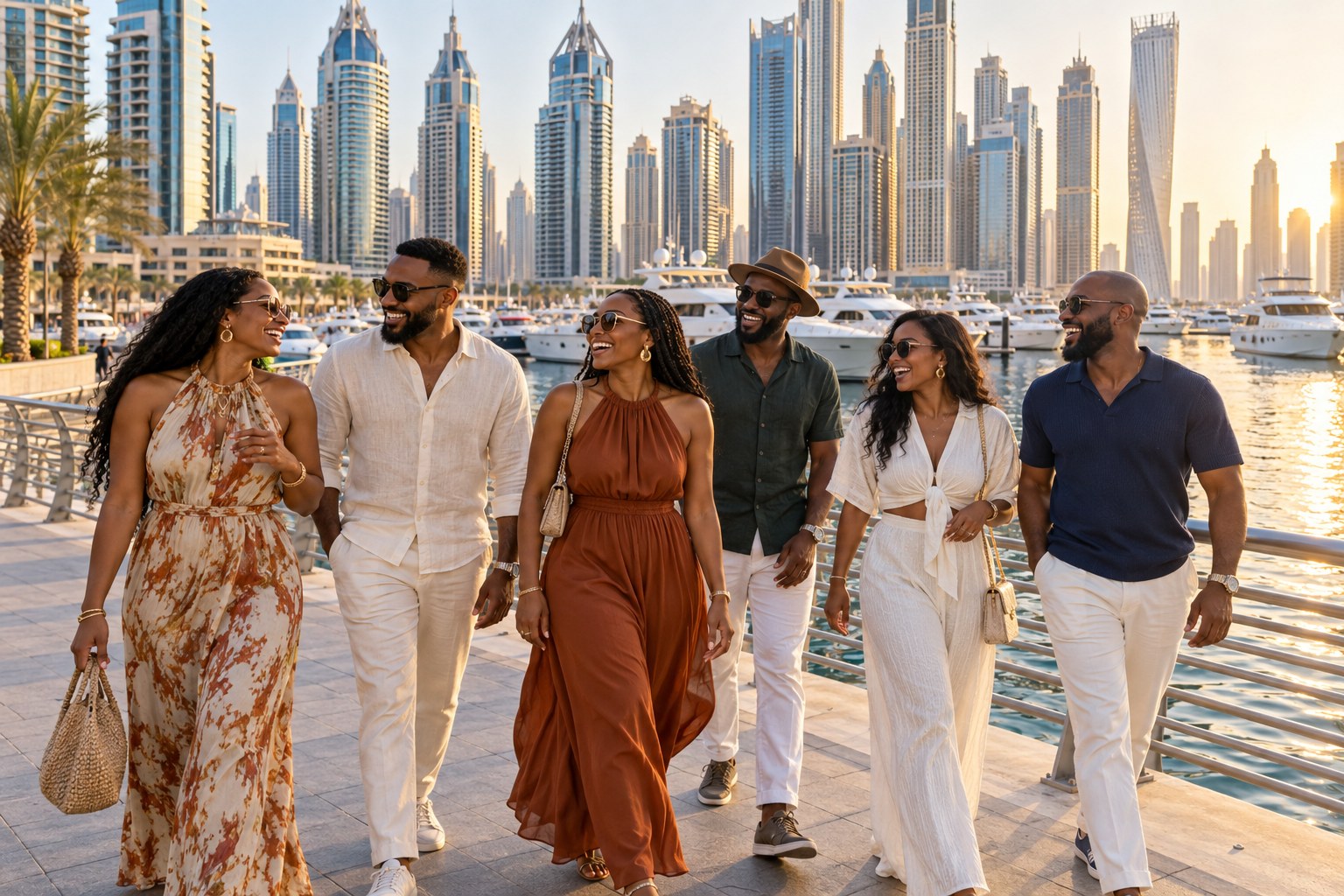 A group of friends enjoying a vacation outing along Dubai Marina