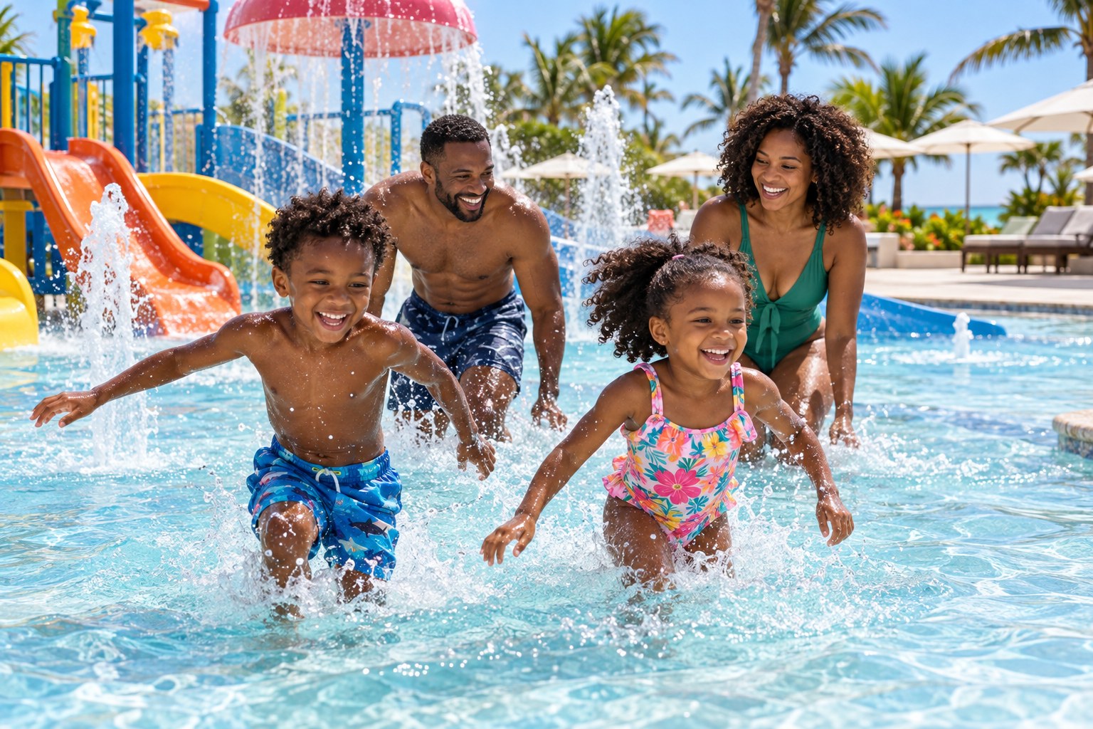 A family enjoying a sunny vacation at a children’s splash pool